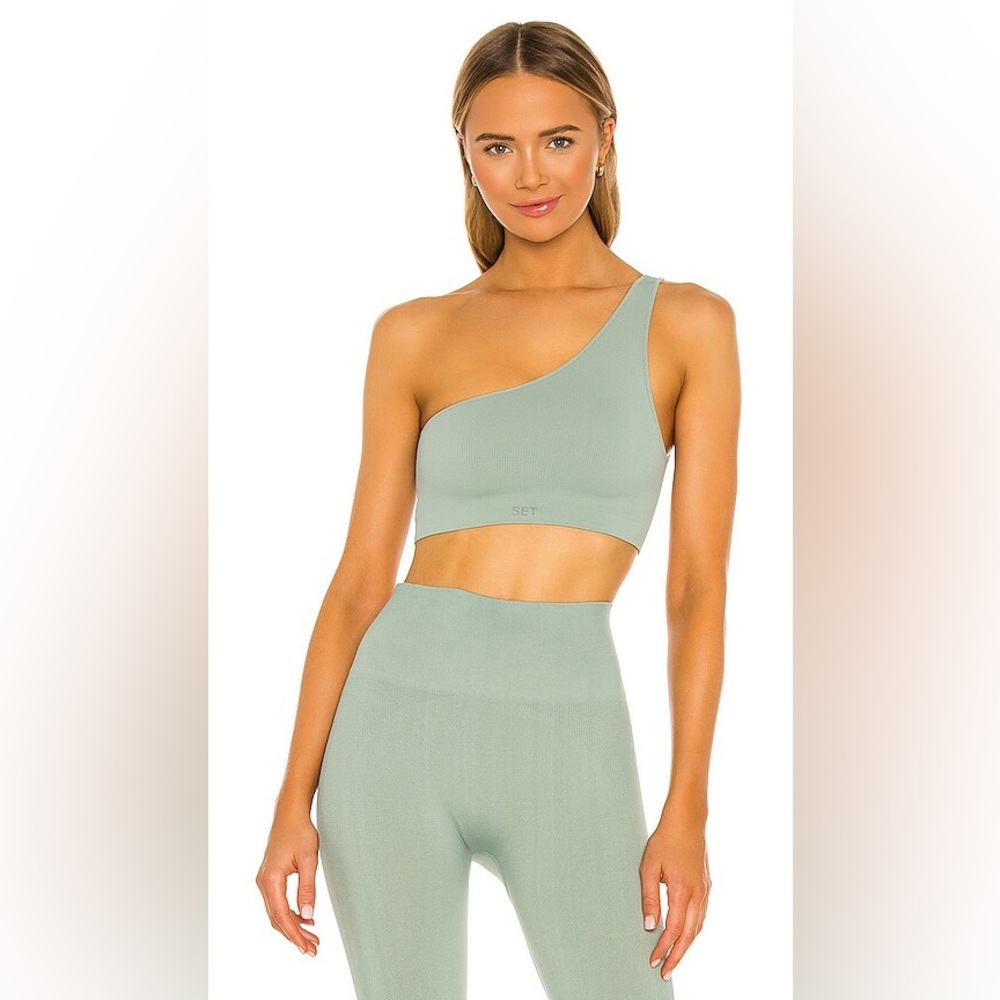 SET Active One-Shoulder Sports Bra and Leggings in Sage Green